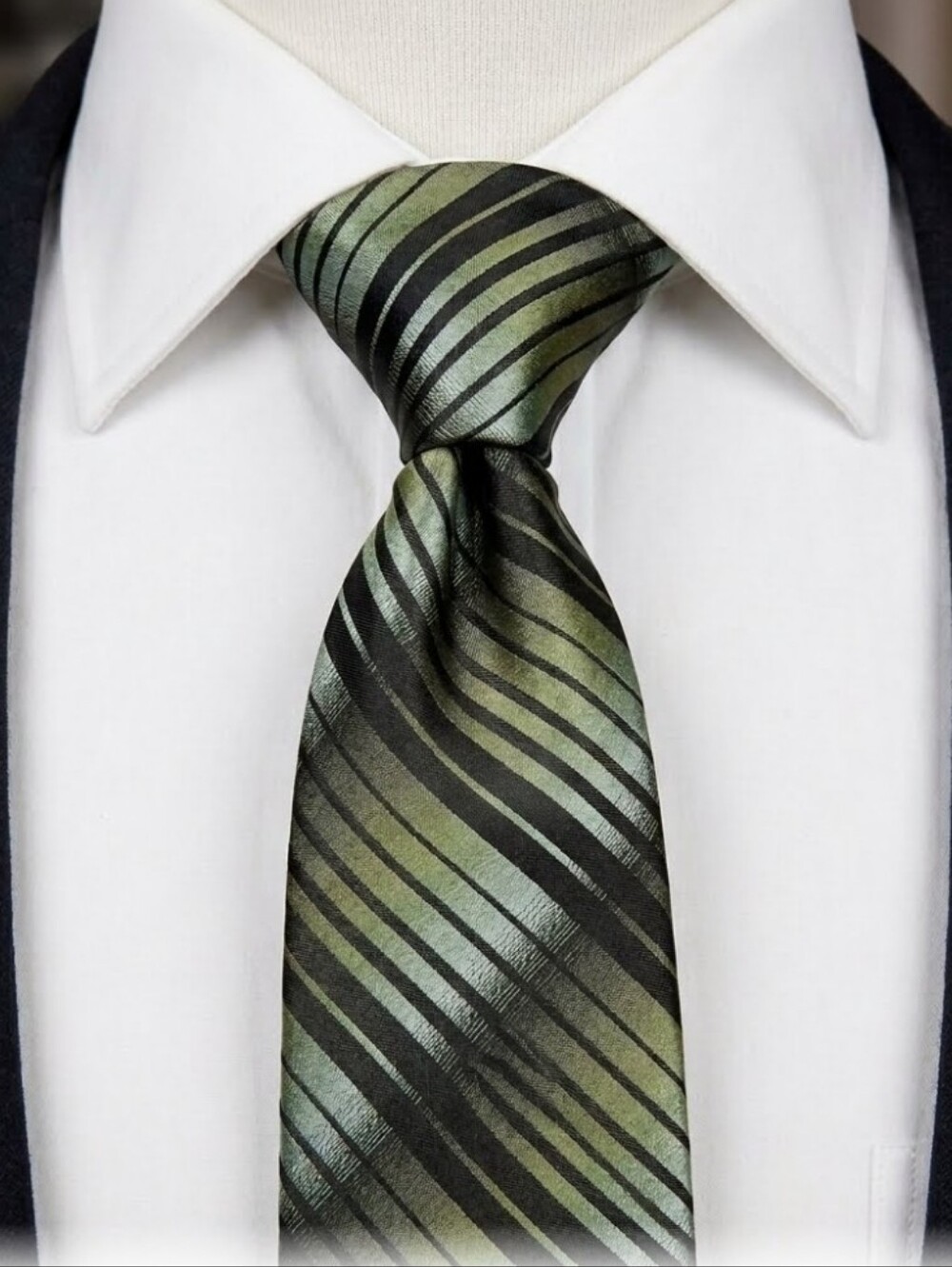 George Men's 100% Silk Diagonal Ombre Stripe Tie – Sage Olive Green & Black